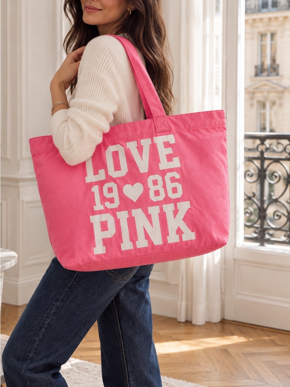Victoria’s Secret PINK Love 1986 Oversized Hot Pink Canvas Tote Bag 21”
